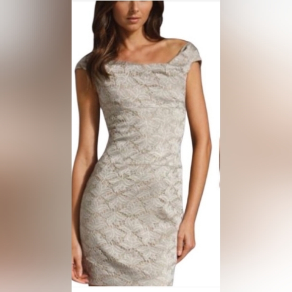 Black Halo, Jackie‎ O Chantilly Lace Sheath Mini Dress, Light Taupe, Size 10 - Picture 9 of 10